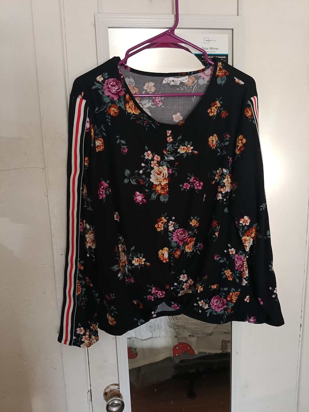 eye candy Black Floral V-Neck Blouse with Stripe-Trim Sleeves